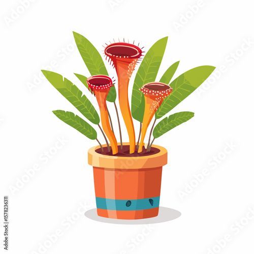 Vibrant Cartoon Illustration of Carnivorous Pitcher Plants in a Pot