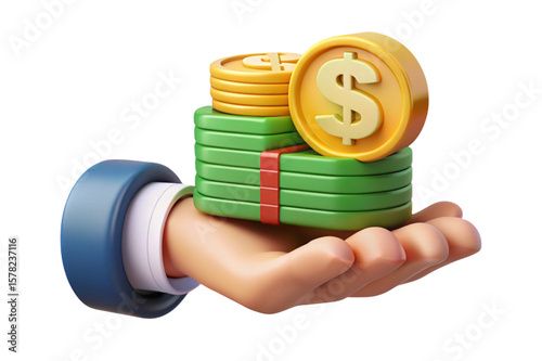 Cartoon hand holding stack of money and gold coins isolated on transparent background