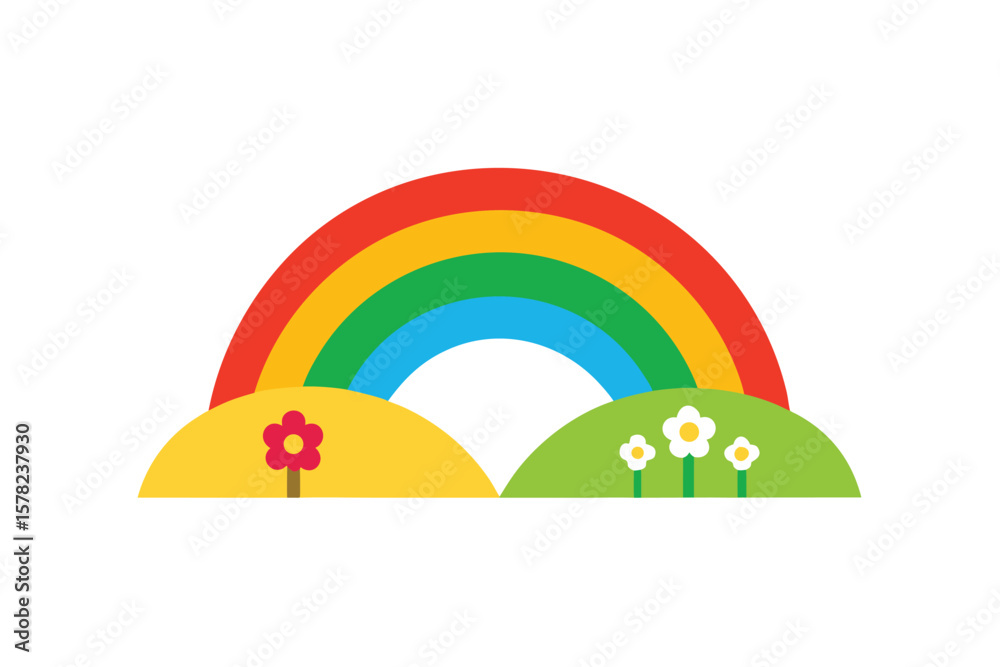 Fototapeta premium Rainbow Across Summer Flat Farm Field With Flowers