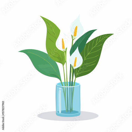 Elegant Peace Lily Arrangement in a Glass Vase with Lush Green Leaves.