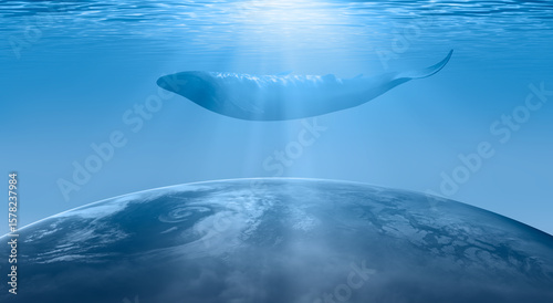 Fototapeta Naklejka Na Ścianę i Meble -  World oceans day concept with whale - Planet earth underwater with a beautiful outher space  