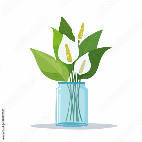 Elegant Peace Lily Arrangement in a Blue Glass Vase, Freshly Cut.