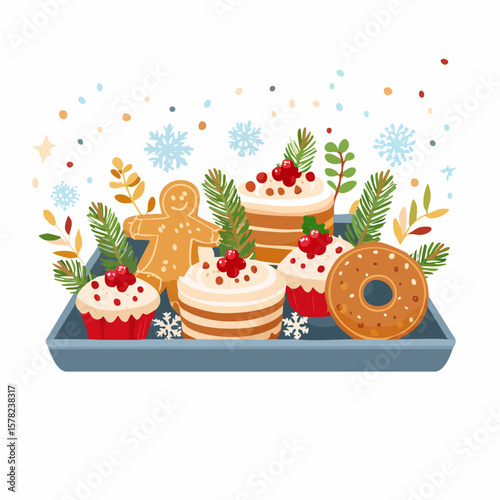Festive Tray of Decorated Cakes, Gingerbread Man, and Donut for Christmas
