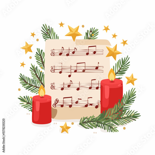 Festive Christmas Candles and Sheet Music with Golden Stars and Evergreen