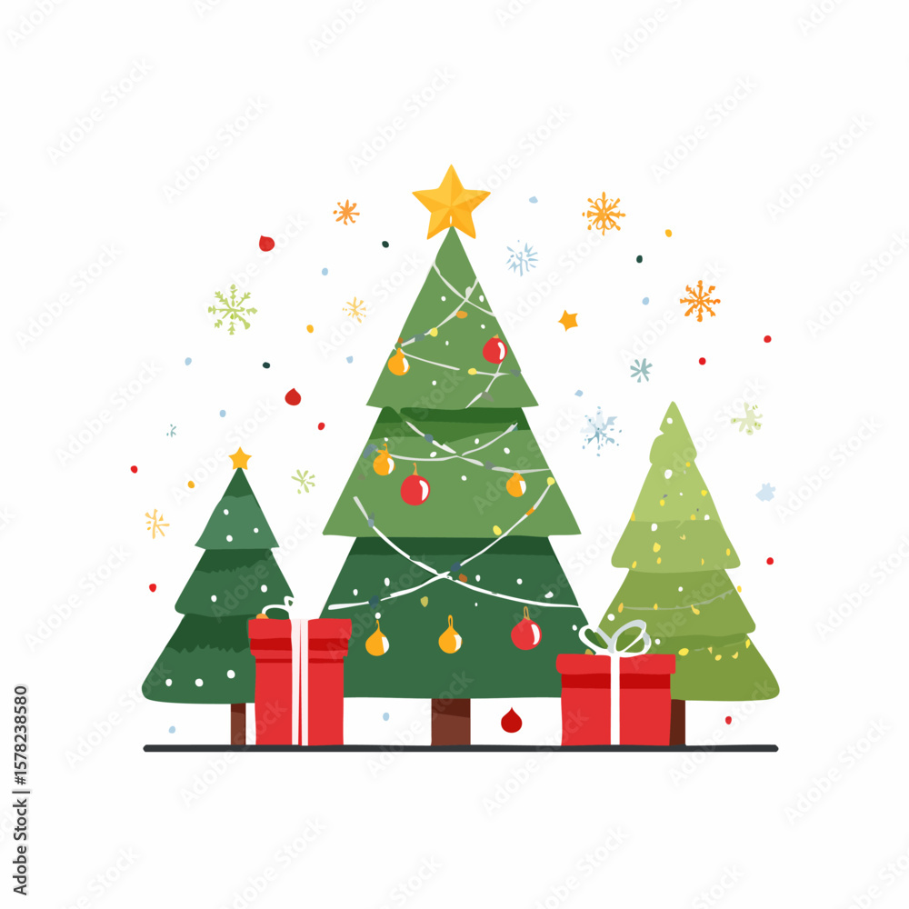 Obraz premium Festive Christmas Trees with Presents, Snowflakes, and Golden Star Toppers