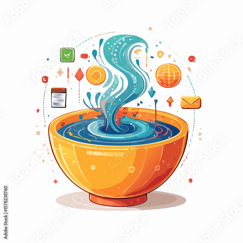 bio-digital soup; swirling cell forms entangled with drifting code fragments in a surreal tech-organic fusion