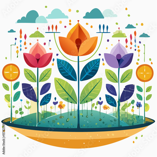quantum garden plants with stems leaves and flowers representing qubit superpositions