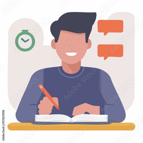 student writing in notebook flat design minimalist study education learning icon