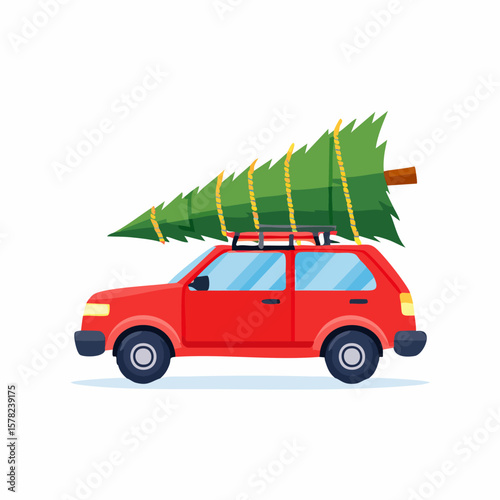Festive Red Car Transporting Christmas Tree for Holiday Celebrations