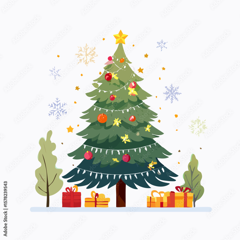 Fototapeta premium Festive Christmas Tree Adorned with Ornaments and Presents, Holiday Cheer.