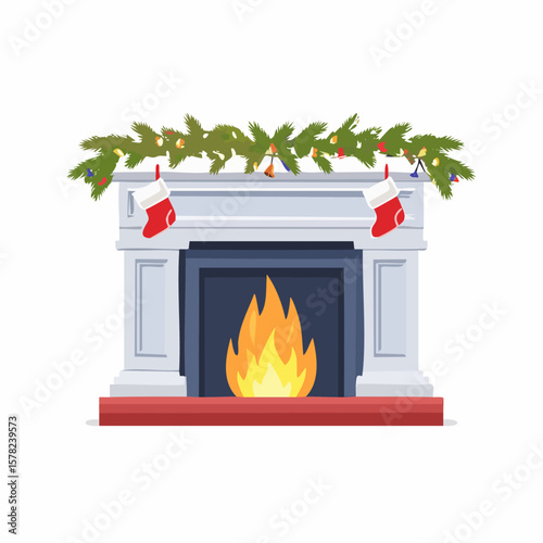 Festive Fireplace with Christmas Decorations and Burning Flames.