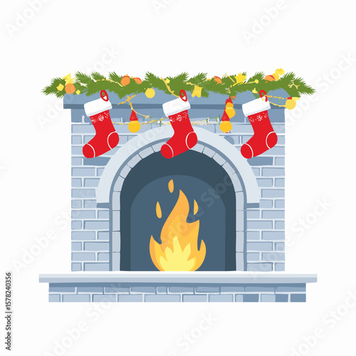 Festive Christmas Fireplace with Stockings, Garland, and Glowing Fire.