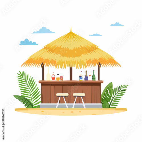 Tropical Beach Bar with thatched roof, drinks and stools.