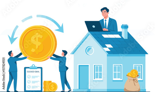 Illustration of business people closing a deal with money and a house representing success