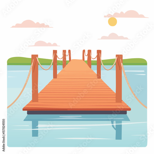 Wooden Pier Extending Over Calm Water with Rope Rails and Sky