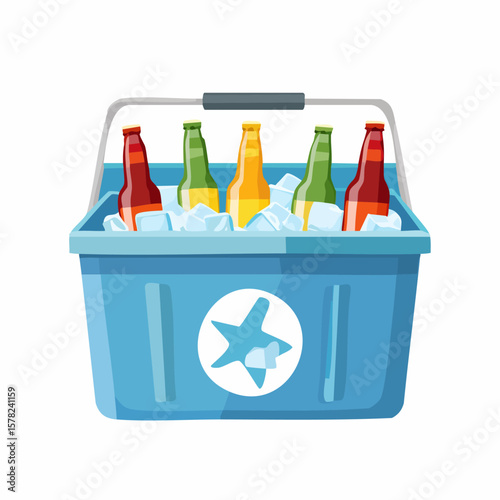 Colorful Beer Bottles Chilling in a Blue Cooler with Ice Cubes