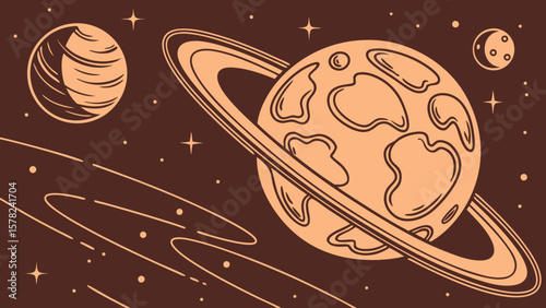 Planet Earth floating in space, old-style cut-and-paste art  in dark red background vector illustration. 
