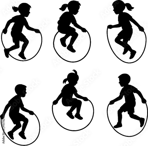 Children Jumping Rope Silhouette Vector Set, Transparent Background Kids Activity Clipart