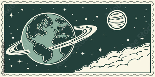 Planet Earth floating in space, old-style cut-and-paste art in dark green white  background vector illustration. 