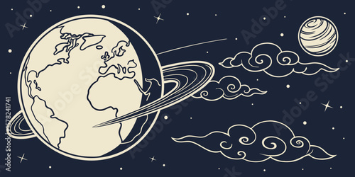 Planet Earth floating in space, old-style cut-and-paste art in dark navy blue background vector illustration. 