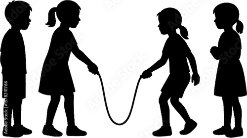 Children Playing Jump Rope Silhouette Vector, Transparent Background Kids Game Illustration