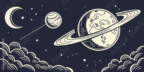 Planet Earth floating in space, old-style cut-and-paste art in dark navy blue background vector illustration. 