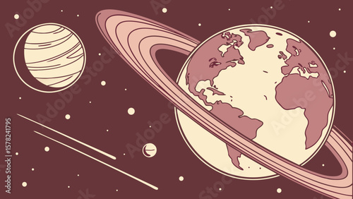 Planet Earth floating in space, old-style cut-and-paste art in dark red  pink background vector illustration. 