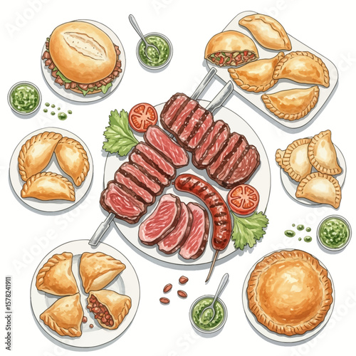 Deliciously arranged illustration of Argentinian grilled meats and savory empanadas.