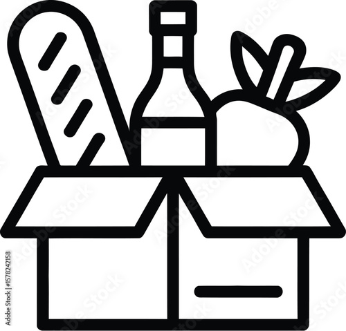 Outline drawing of a box filled with a baguette a bottle and a fruit with leaves on a white background