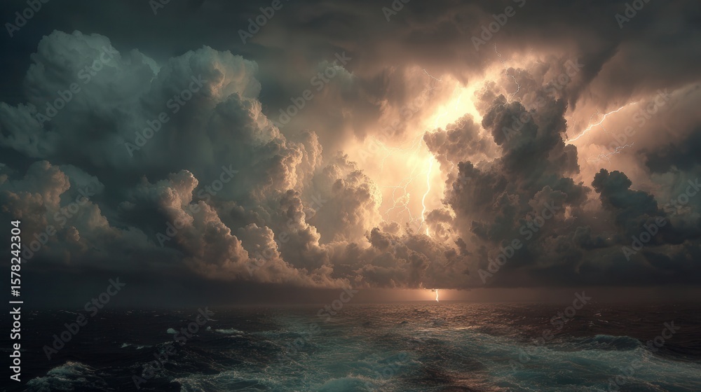 Dramatic Storm Clouds and Lightning Over Ocean Waves at Dusk Dramatic Storm Clouds and Lightning Over Ocean Waves at Dusk