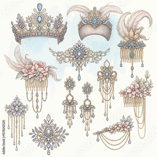 Ornate Jewelry Collection: Crowns Combs Earrings and Brooches with Gems and Feathers.
