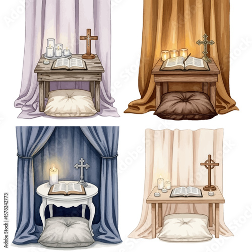 Watercolor depictions of religious altars with candles crosses and books.