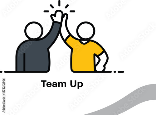Two stylized figures high fiving against a light background with the words team up below