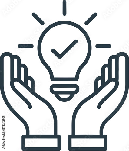 Illustration of two hands holding a lightbulb with a checkmark inside on a white background