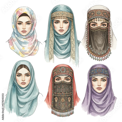 Watercolor portraits of women wearing diverse traditional Islamic headscarves.