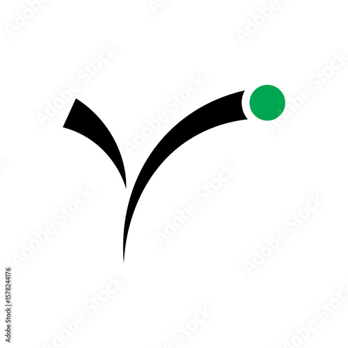 A dynamic, abstract black curved shape with a green dot, symbolizing motion, energy, and a fresh start