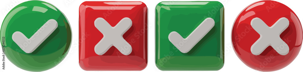 Obraz premium A visual representation of green check marks and red x marks in round and square shapes on white