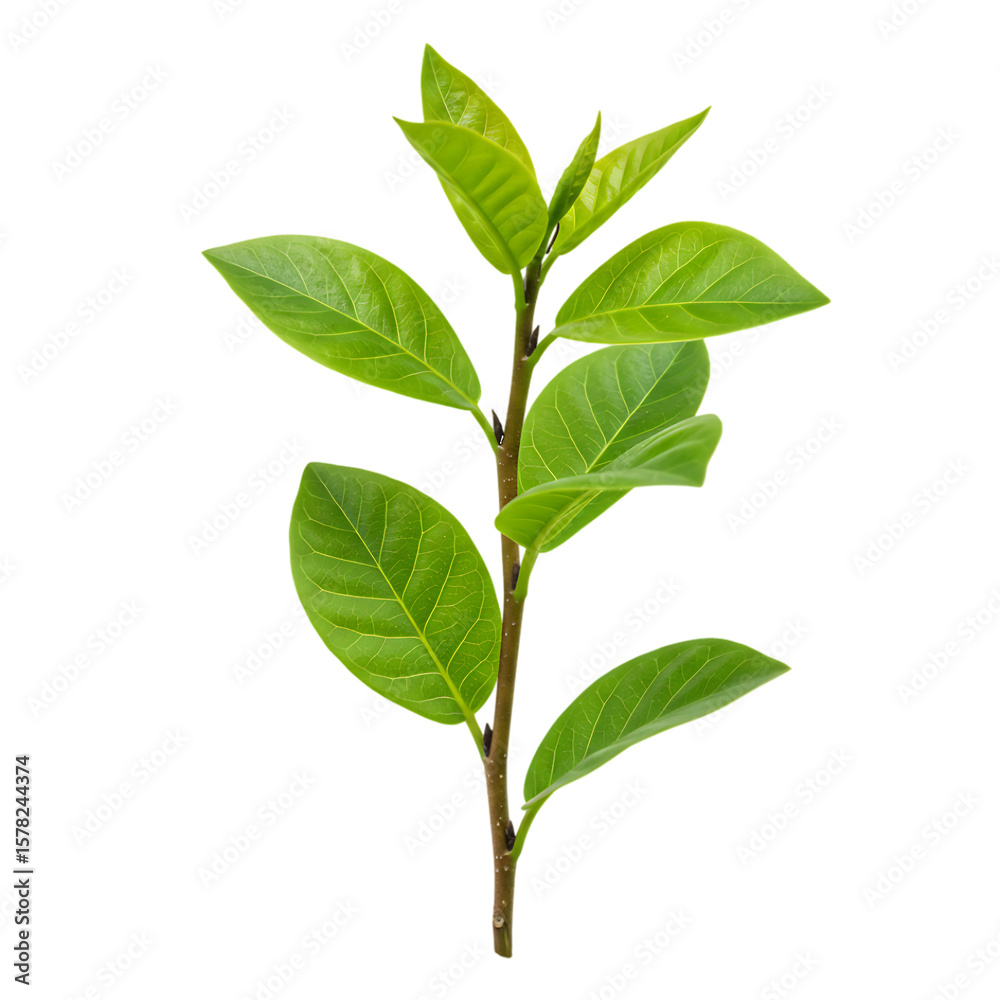 Obraz premium Young green plant stem with multiple leaves reaching upwards isolated on a transparent background image