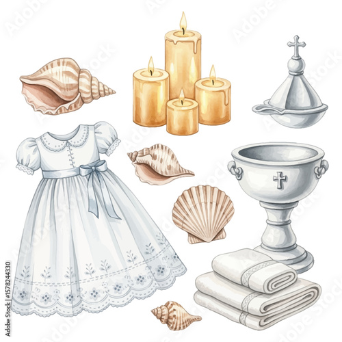 Watercolor Christening Set: Gown Candles Shells and Baptismal Font.
