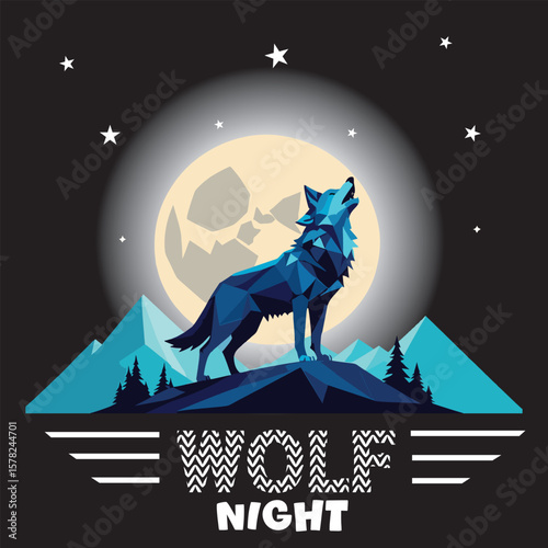 Blue howling wolf under full moon with night mountain background illustration vector style