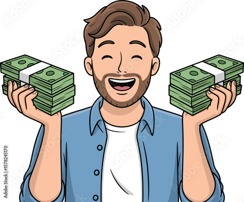 Cartoon man with a beard smiling and holding stacks of money in each hand on white background