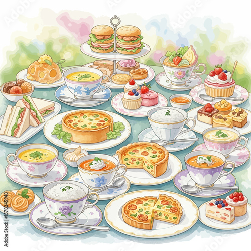 Lavish Afternoon Tea Spread with Quiches and Delicate Pastries.