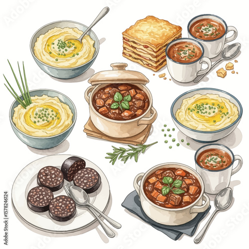 Watercolor Illustration of Various Comfort Foods Delicious and Appetizing.