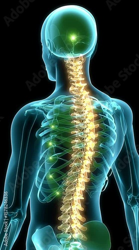 Human skeletal system highlighting the spine and brain with glowing points indicating key areas of interest, vertical video