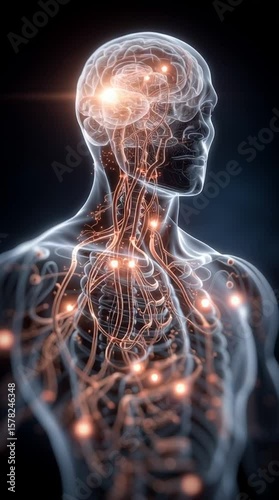 The intricate network of the human nervous system illuminated with glowing pathways highlighting brain and body connections, vertical video