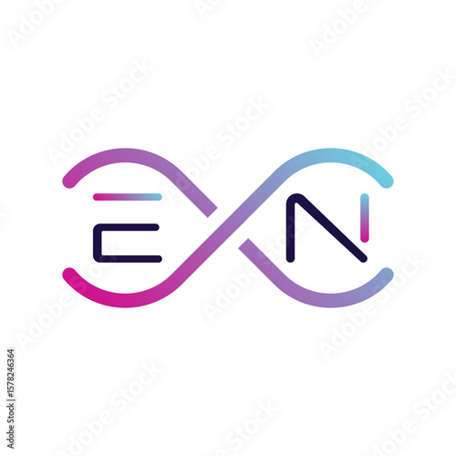 An abstract DNA-like structure in a gradient from pink to blue holds the letters "E" and "N," symbolizing genetic or technological innovation