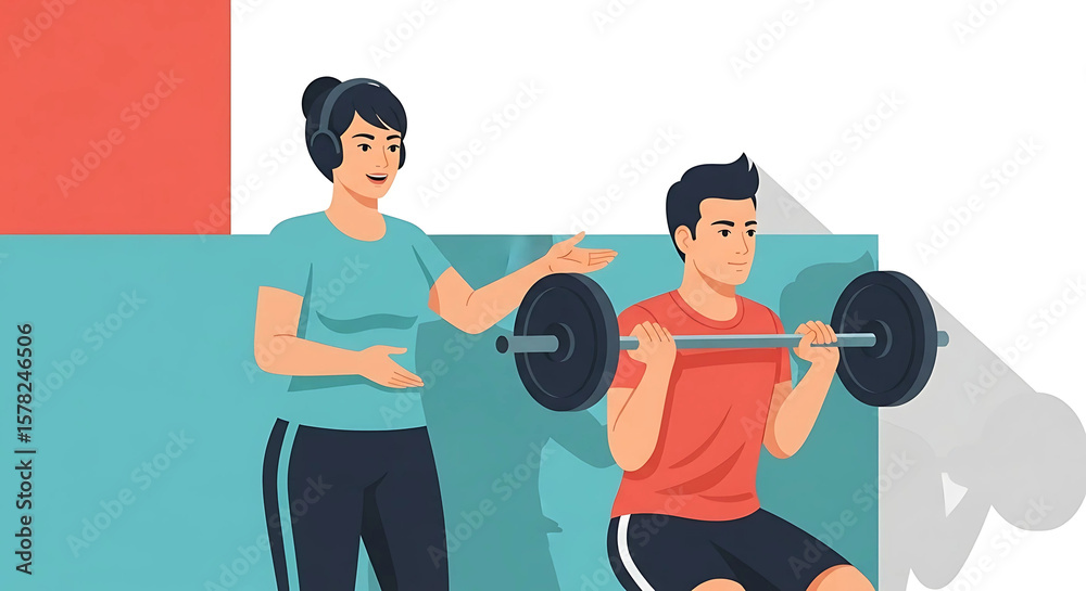 Obraz premium Personal trainer assisting man lifting barbell in gym fitness workout session