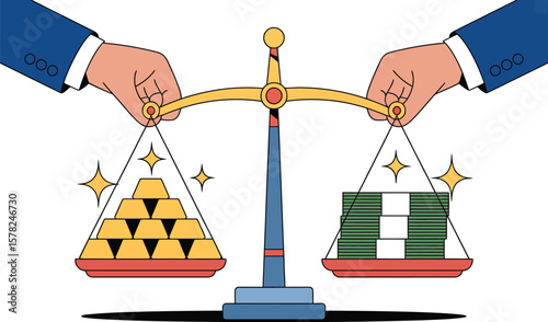 Illustration of hands balancing gold bars against stacks of money on a weighing scale device