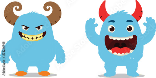 Two blue cartoon monsters with big horns, expressive faces, vector illustration, funny characters, isolated design, children artwork, fantasy creatures, playful emotion