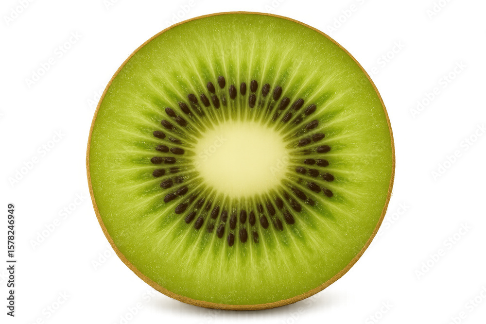 Sliced kiwi revealing bright green interior, tiny black seeds, and central core against transparent backdrop Sliced kiwi revealing bright green interior, tiny black seeds, and central core against transparent backdrop